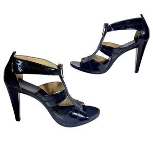 Michael Kors Heels Sz 6.5 Black Gold Front Zipper Strappy Designer Summer